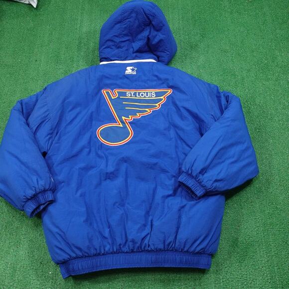 Vintage St. Louis Blues Jacket Mens XL Blue PUFFER NHL Hockey Starter Hooded 90s - Picture 1 of 12